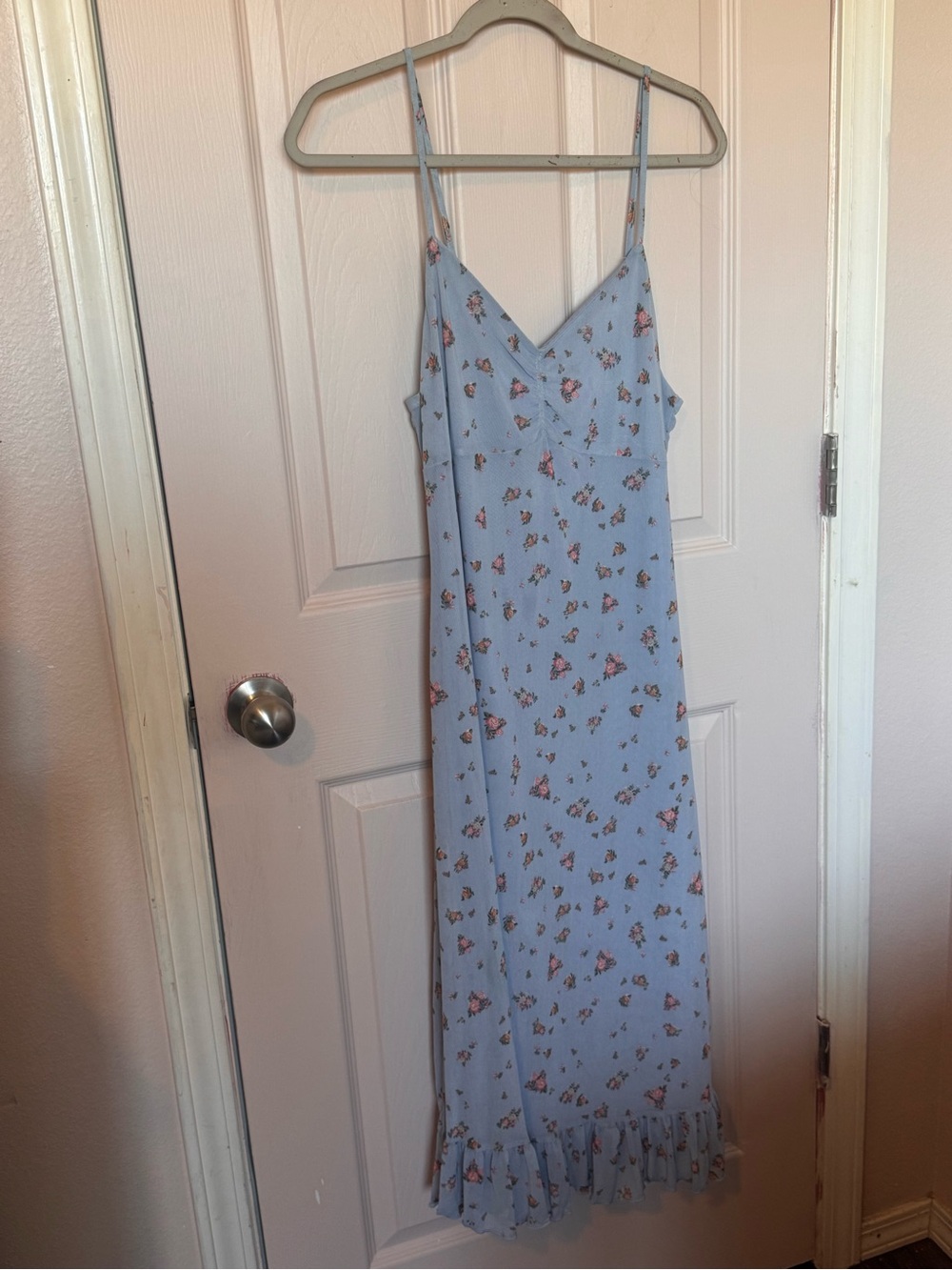 Cottage CoreLight Blue Floral Slip Dress with Ruffle Hem